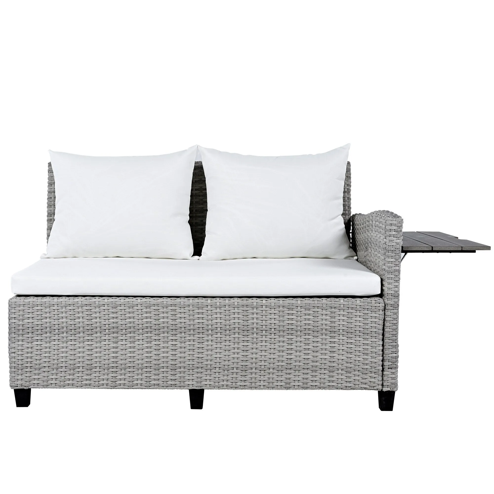 Wicker L-Shape Sectional Sofa w2 Fold Side Tables, Dining Table, Bench