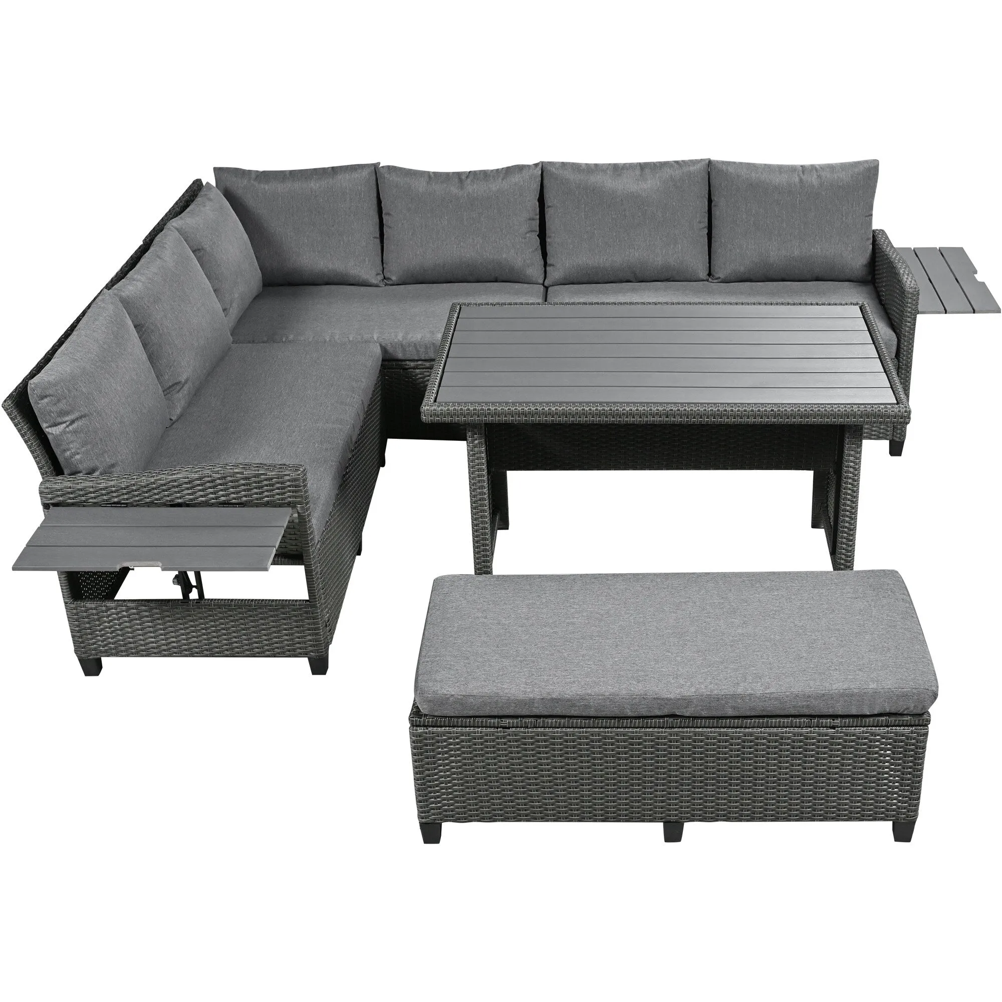 Wicker L-Shape Sectional Sofa w2 Fold Side Tables, Dining Table, Bench