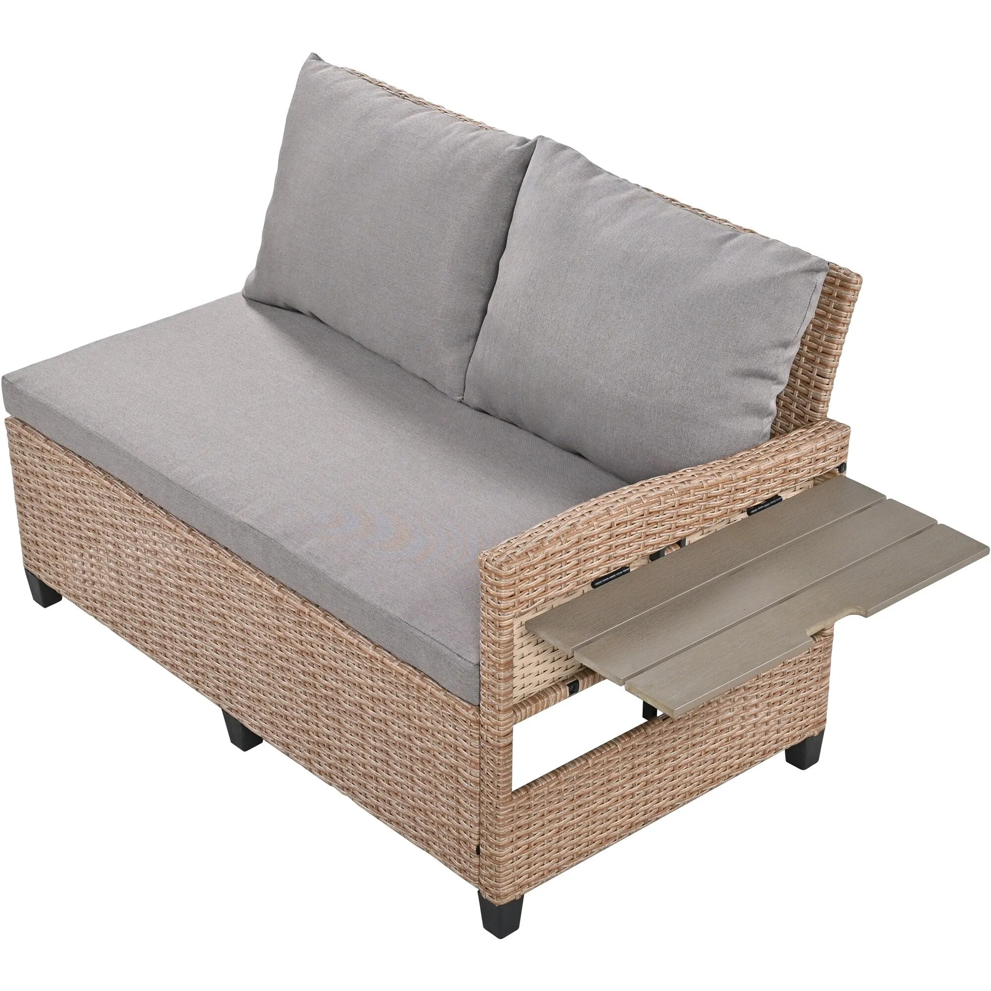 Wicker L-Shape Sectional Sofa w2 Fold Side Tables, Dining Table, Bench