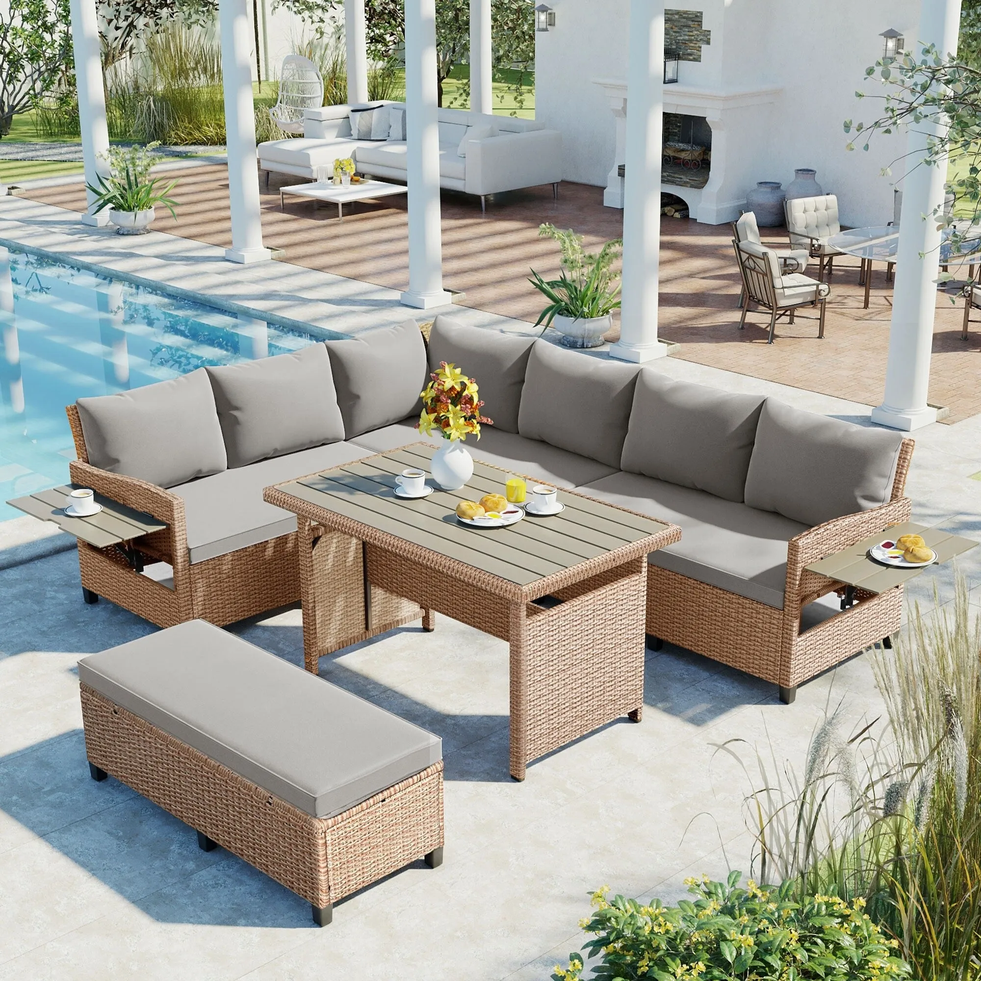 Wicker L-Shape Sectional Sofa w2 Fold Side Tables, Dining Table, Bench
