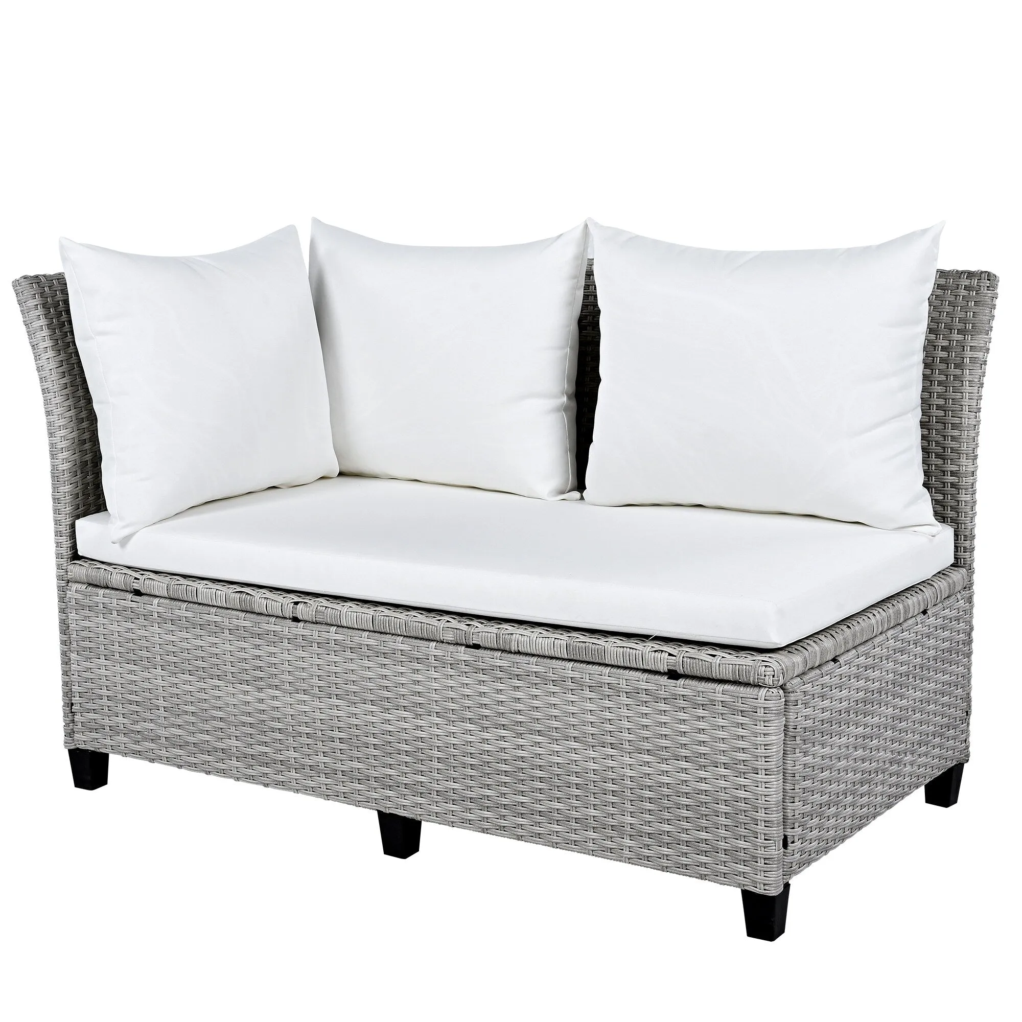 Wicker L-Shape Sectional Sofa w2 Fold Side Tables, Dining Table, Bench