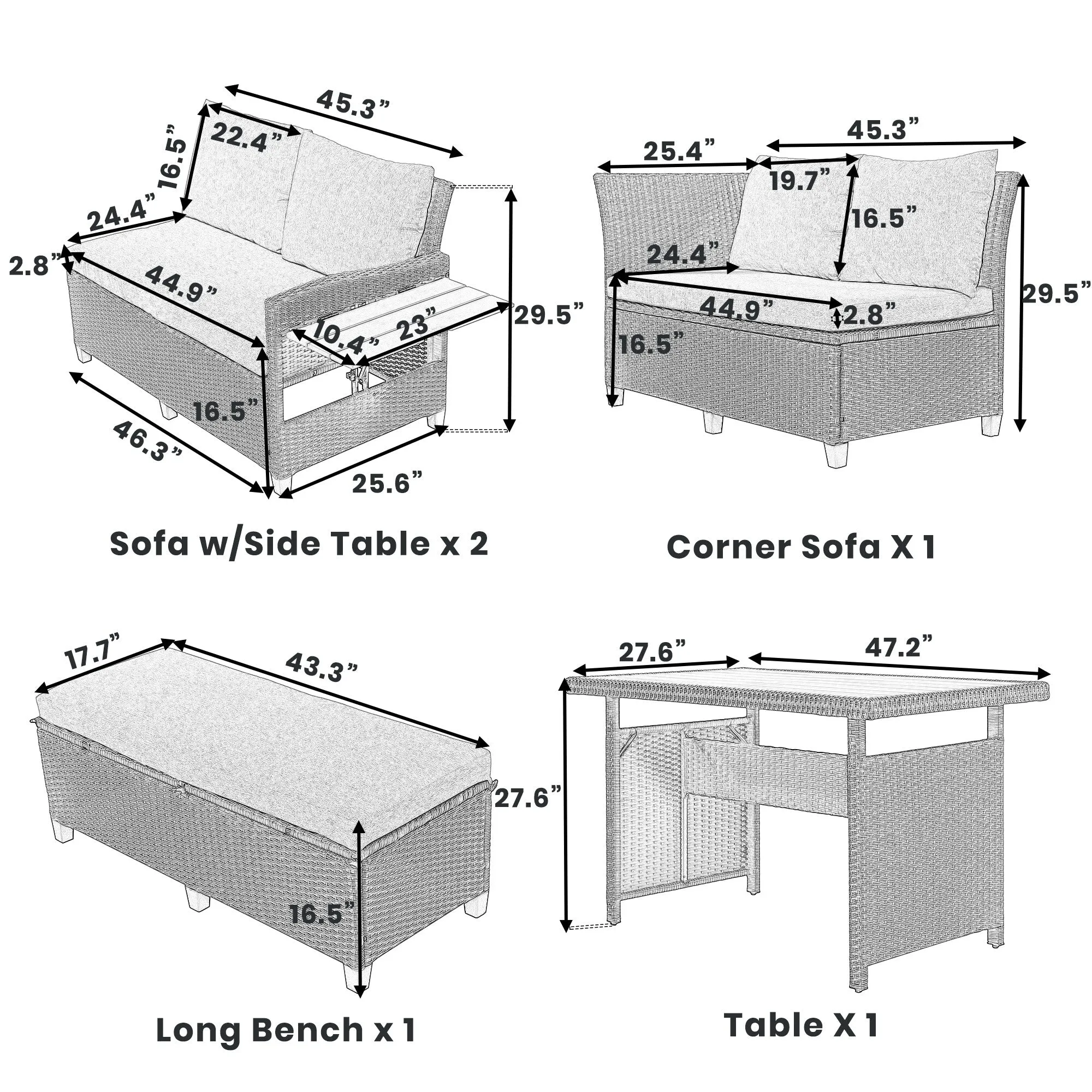 Wicker L-Shape Sectional Sofa w2 Fold Side Tables, Dining Table, Bench