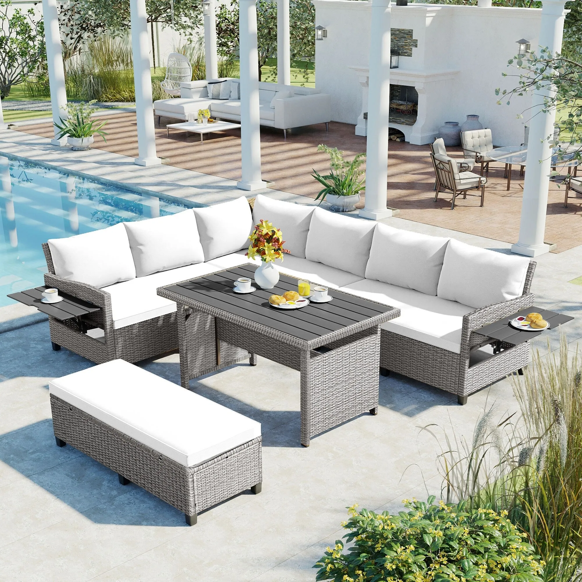 Wicker L-Shape Sectional Sofa w2 Fold Side Tables, Dining Table, Bench