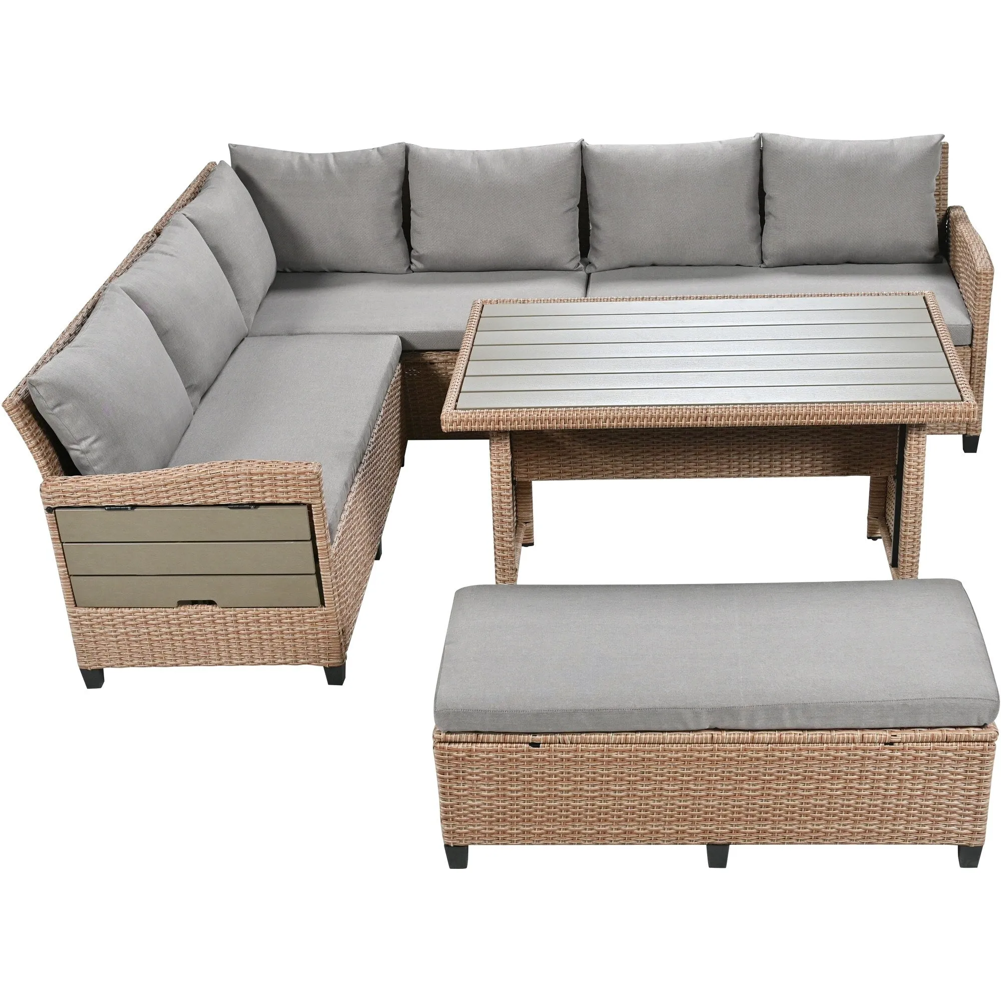 Wicker L-Shape Sectional Sofa w2 Fold Side Tables, Dining Table, Bench