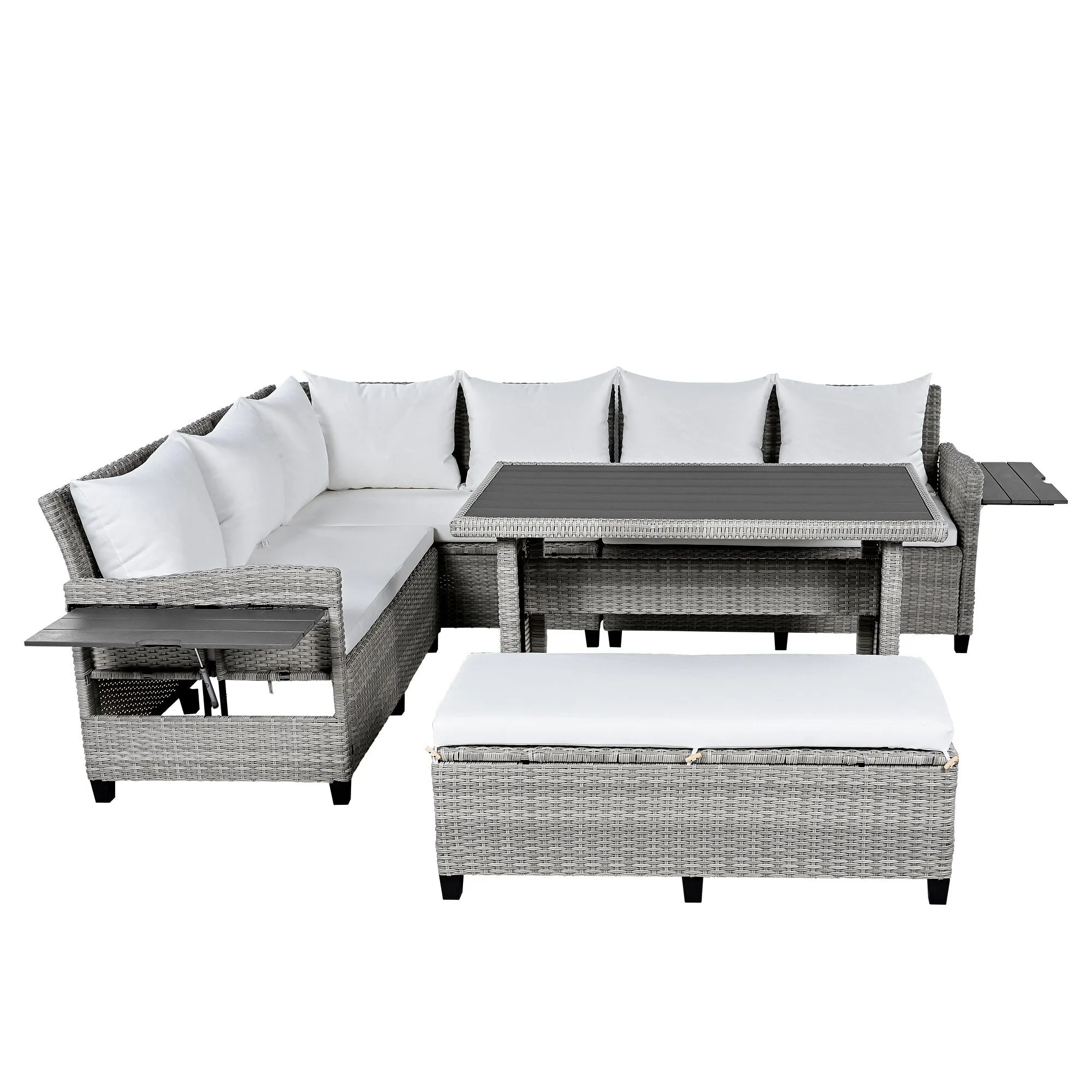 Wicker L-Shape Sectional Sofa w2 Fold Side Tables, Dining Table, Bench