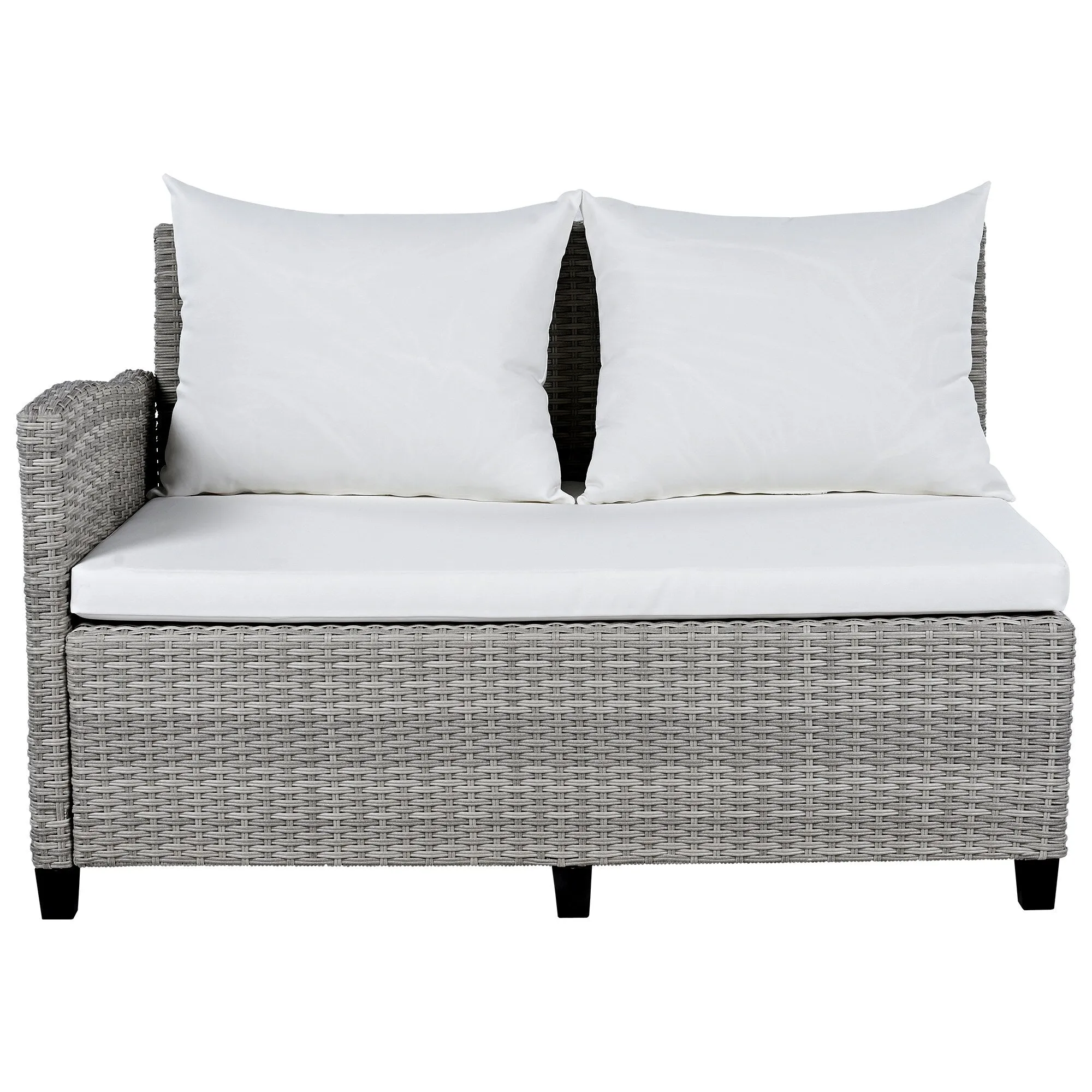 Wicker L-Shape Sectional Sofa w2 Fold Side Tables, Dining Table, Bench