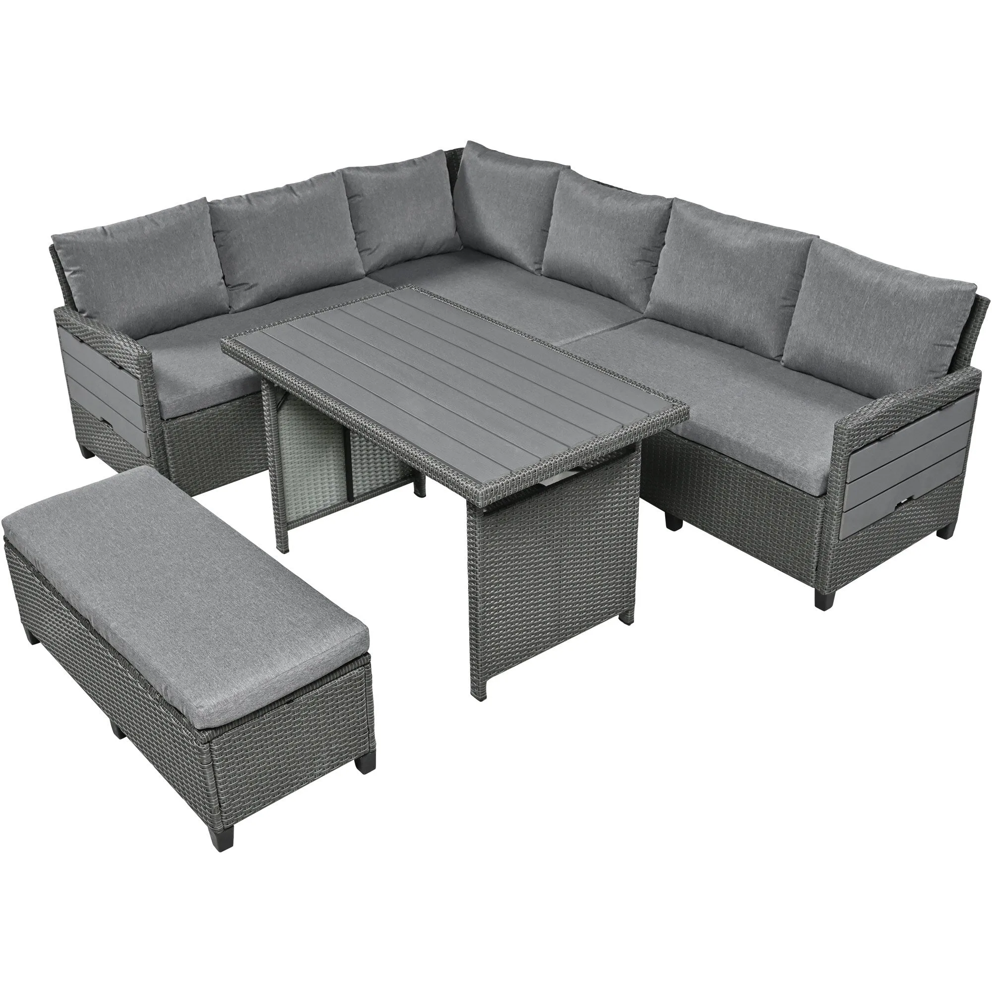Wicker L-Shape Sectional Sofa w2 Fold Side Tables, Dining Table, Bench