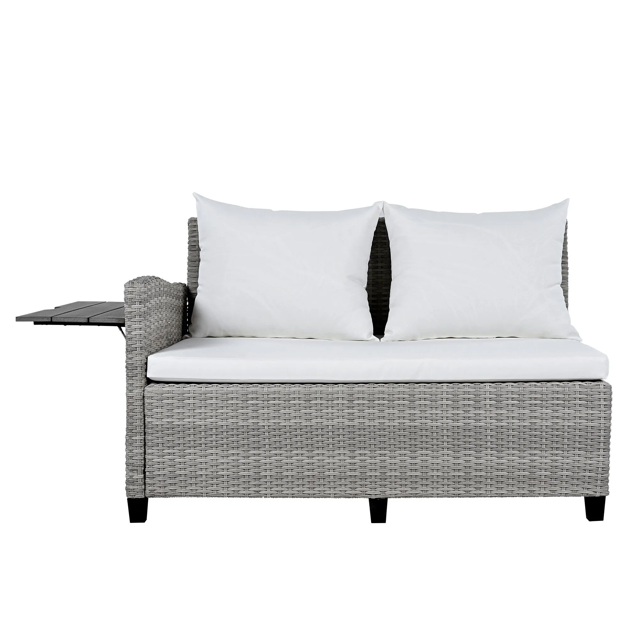 Wicker L-Shape Sectional Sofa w2 Fold Side Tables, Dining Table, Bench