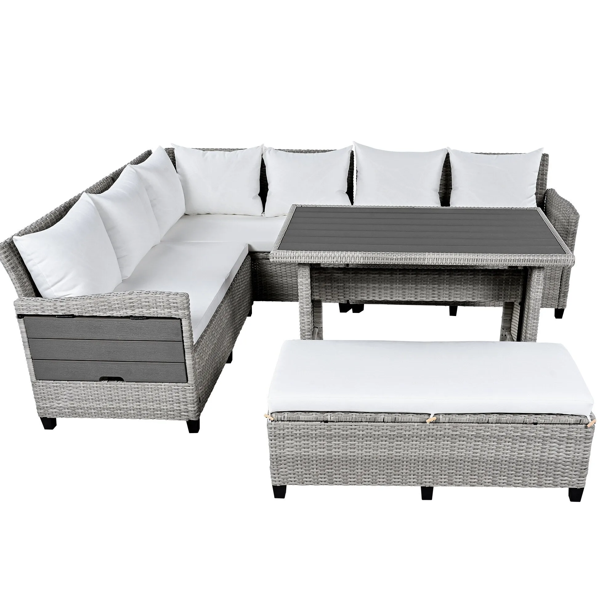 Wicker L-Shape Sectional Sofa w2 Fold Side Tables, Dining Table, Bench