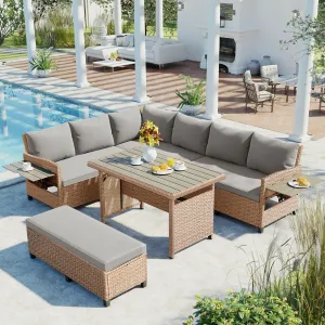 Wicker L-Shape Sectional Sofa w2 Fold Side Tables, Dining Table, Bench