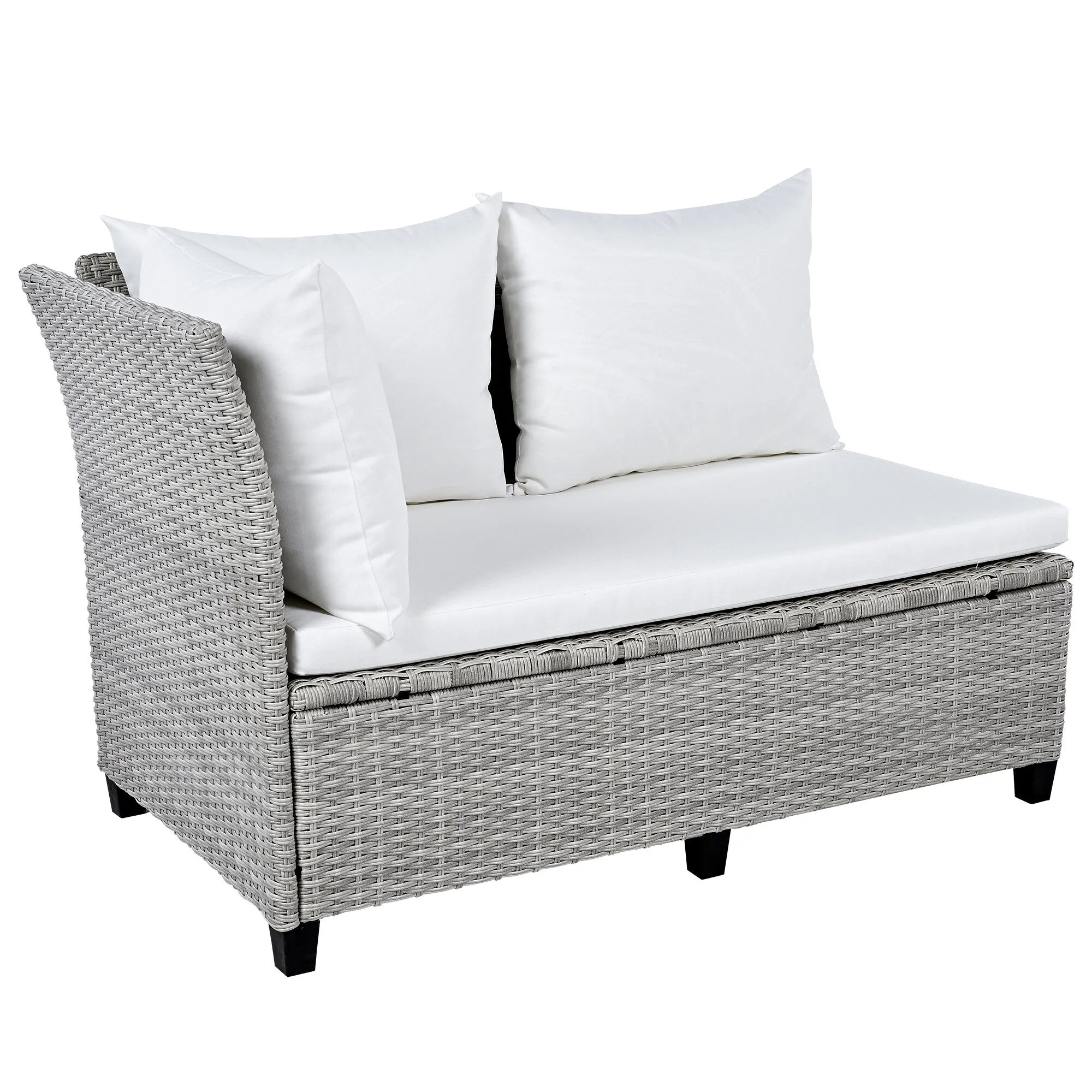 Wicker L-Shape Sectional Sofa w2 Fold Side Tables, Dining Table, Bench