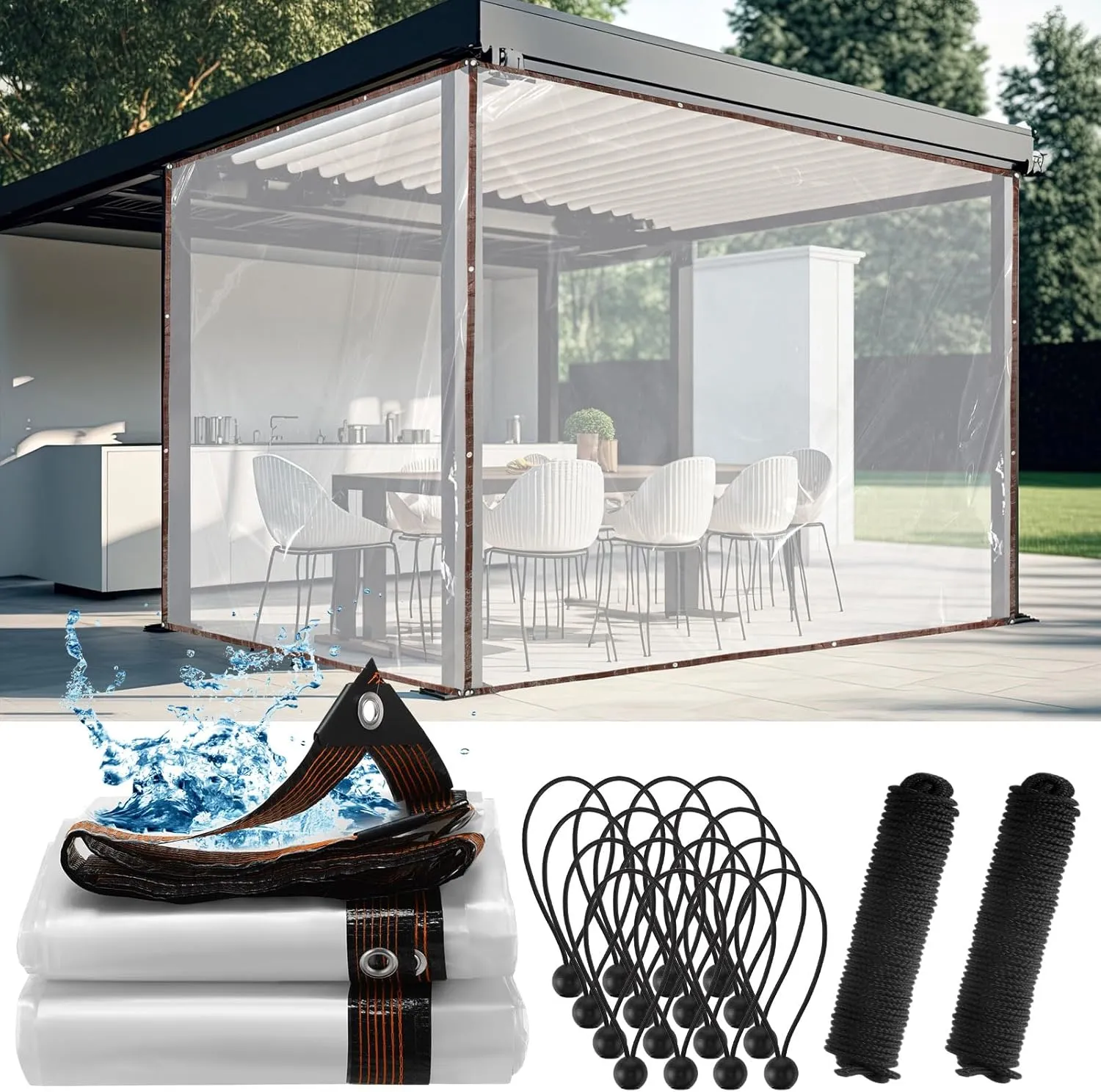 Windyun 2 Pack Heavy Duty Clear Tarps with Reinforced Edge Plastic Tarp Waterproof Plastic Cover Greenhouse Patio with 16 Elastic Rope and 2 Nylon Rope for Garden Furniture(6 x 10 ft)