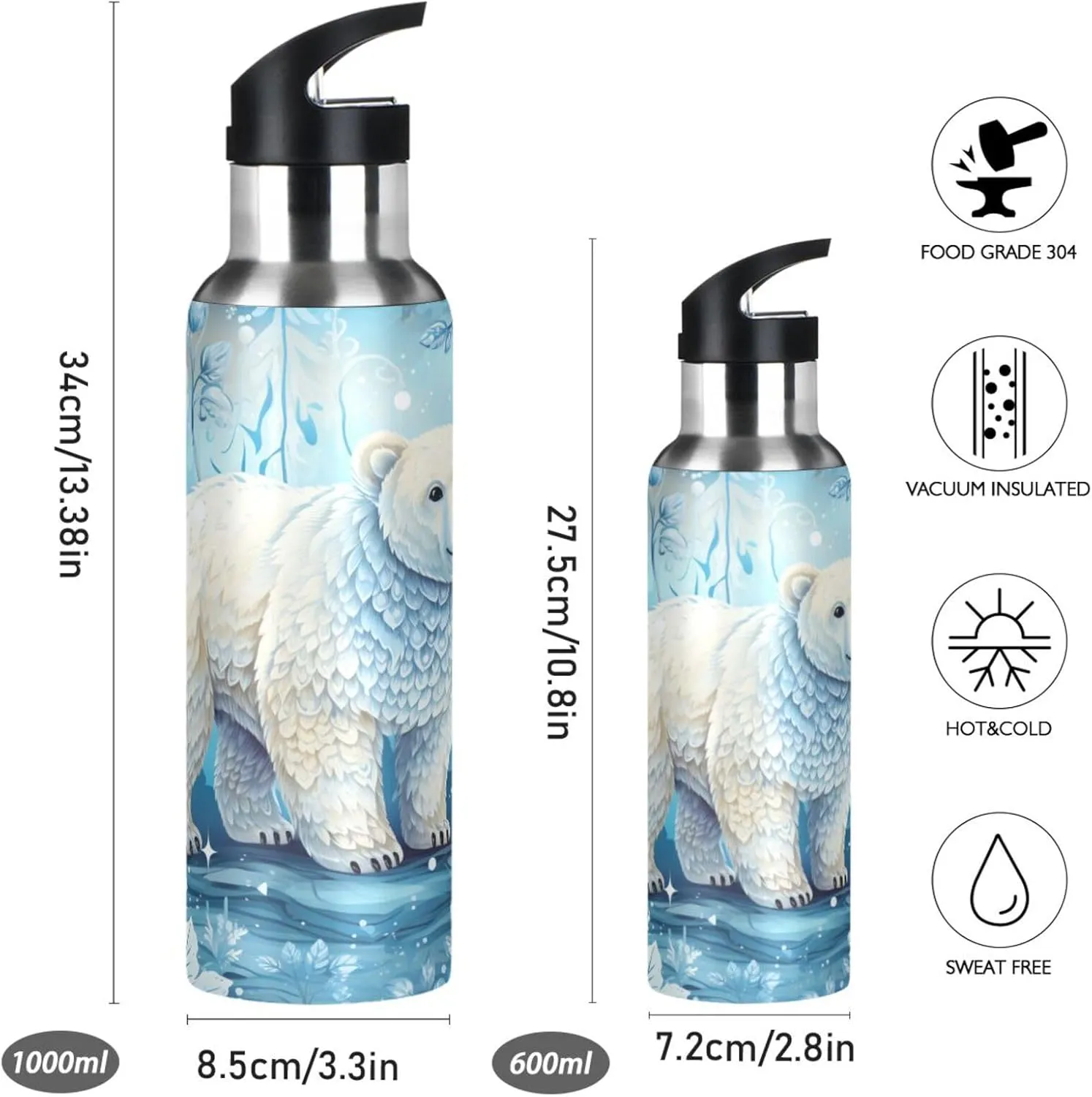 Winter Animal Art Polar Bear Sport Water Bottle Insulated Stainless Steel Large Vacuum Flask Leak Proof Thermos with Straw for Travel(600ml/1000ml)