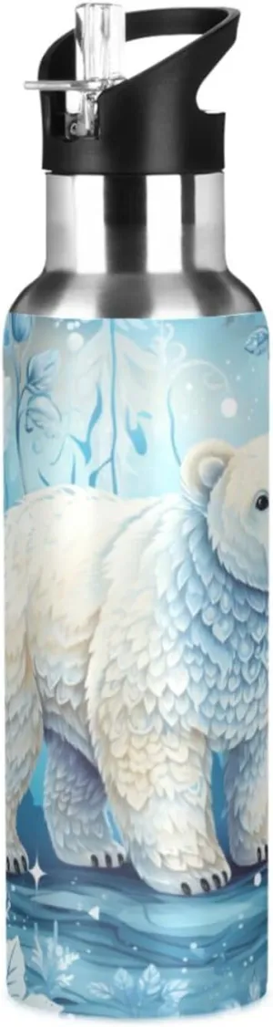 Winter Animal Art Polar Bear Sport Water Bottle Insulated Stainless Steel Large Vacuum Flask Leak Proof Thermos with Straw for Travel(600ml/1000ml)