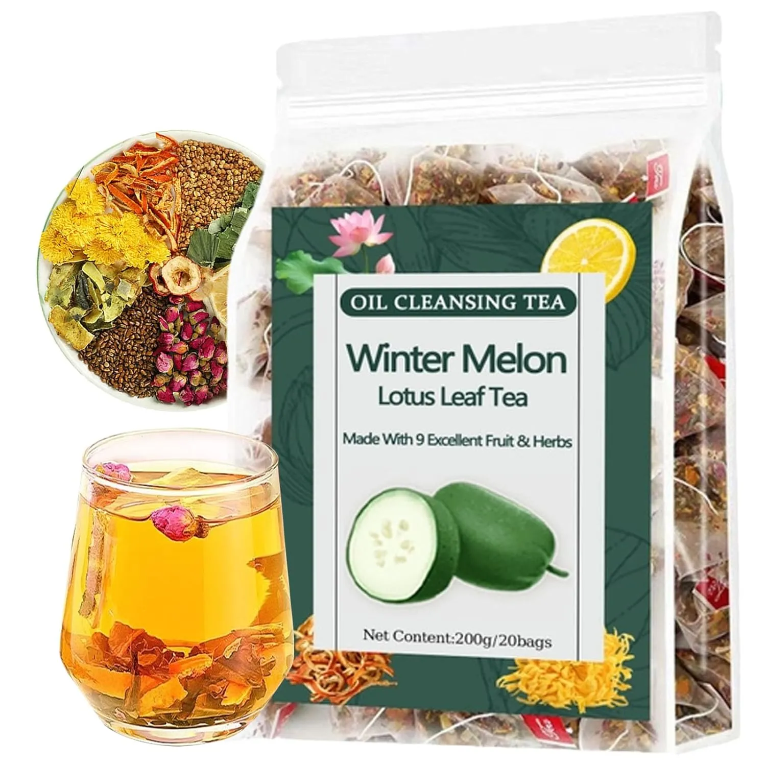 Winter Melon Lotus Leaf Tea, Oil Cleansing Tea (10g/20Bags)200g Chrysanthemum Herbal Tea Wax Gourd Lotus Leaf Herbal Teabag, 9 Ingredients Natural Blend Formula (1PCS/20Teabags)