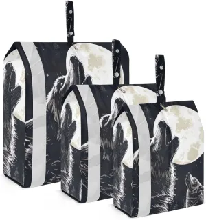 Wolf with Moon Travel Storage Bag with Lanyard - Portable Lightweight Classified Storage Bag with Zipper, Dust and Waterproof Travel Packing Cube for Suitcase,3 Pieces