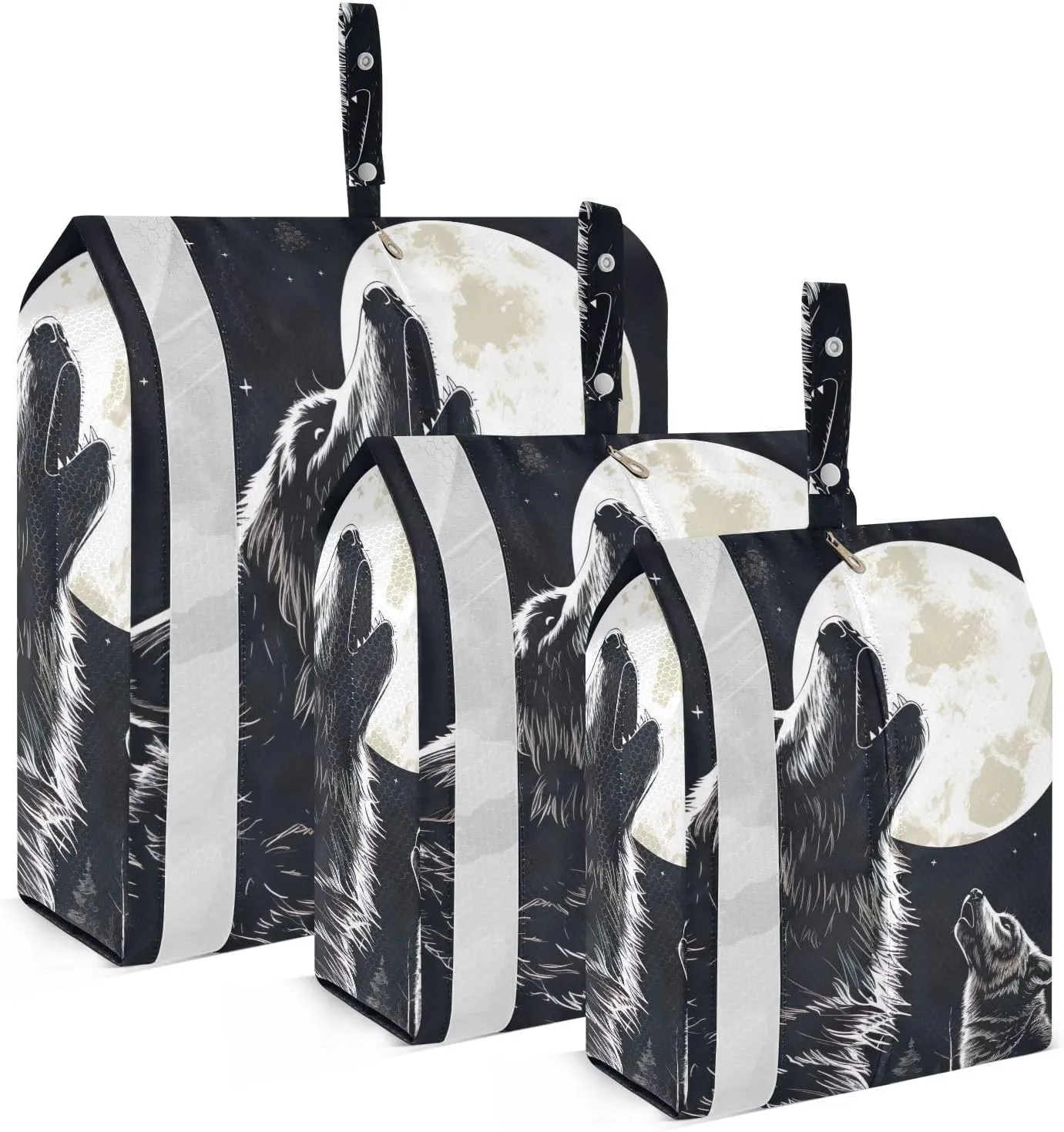 Wolf with Moon Travel Storage Bag with Lanyard - Portable Lightweight Classified Storage Bag with Zipper, Dust and Waterproof Travel Packing Cube for Suitcase,3 Pieces