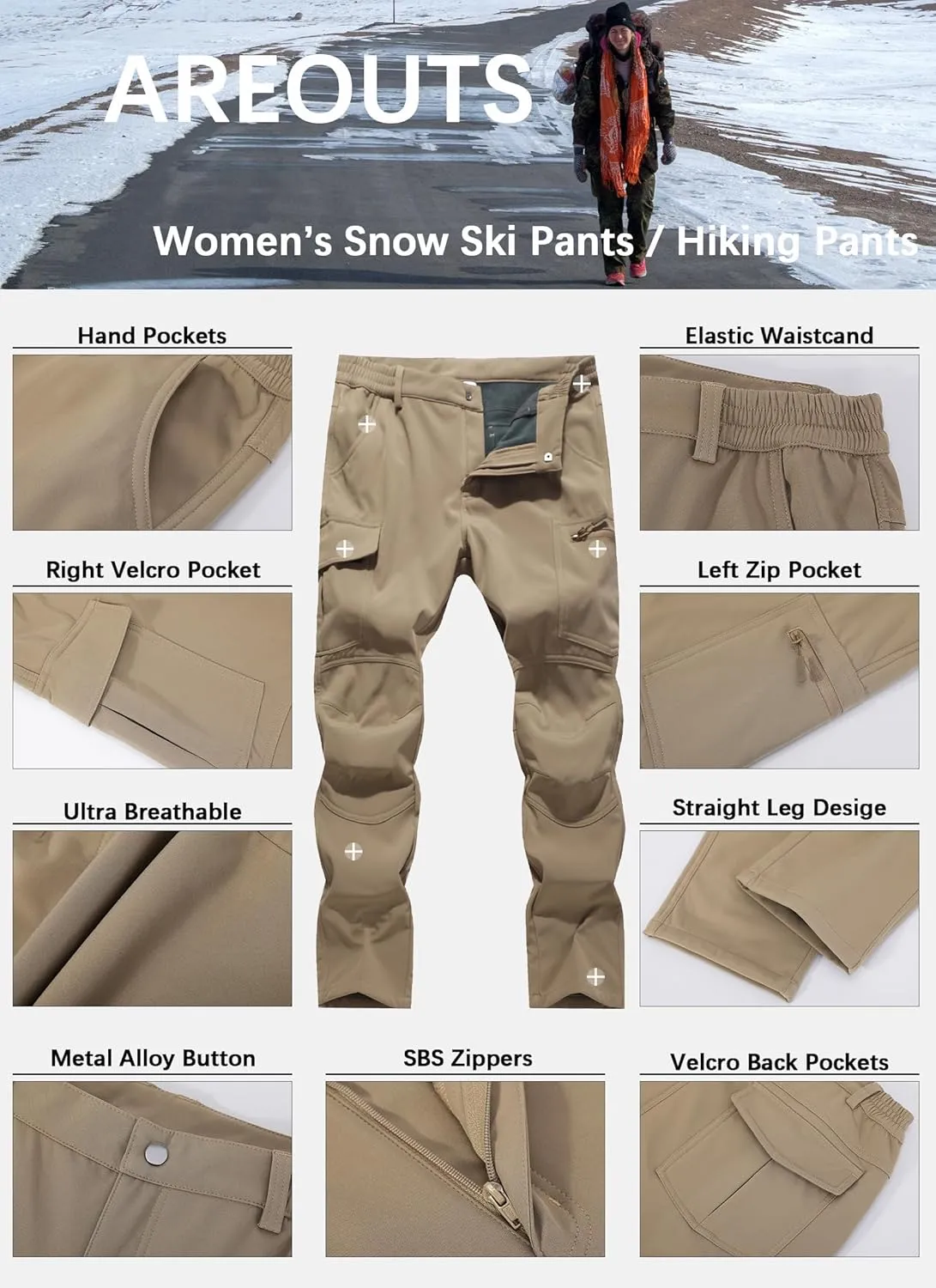 Women's Snow Ski Pants Fleece Lined Waterproof Softshell Insulated Winter Outdoor Hiking Cargo Pants
