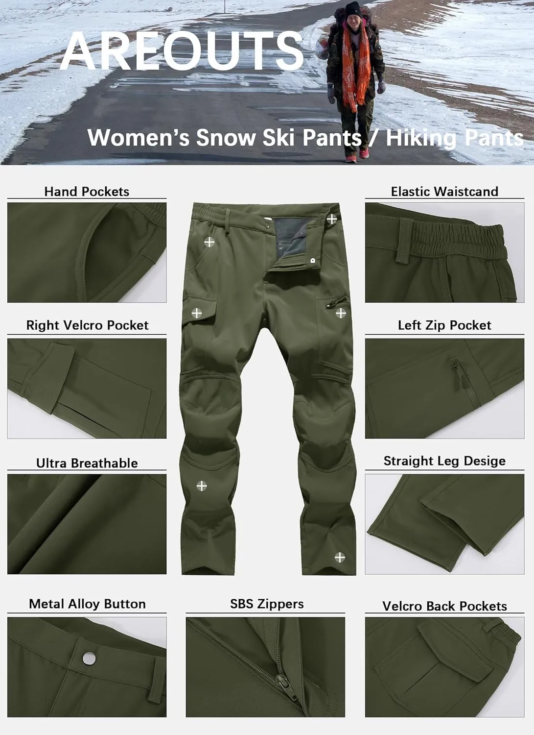 Women's Snow Ski Pants Fleece Lined Waterproof Softshell Insulated Winter Outdoor Hiking Cargo Pants