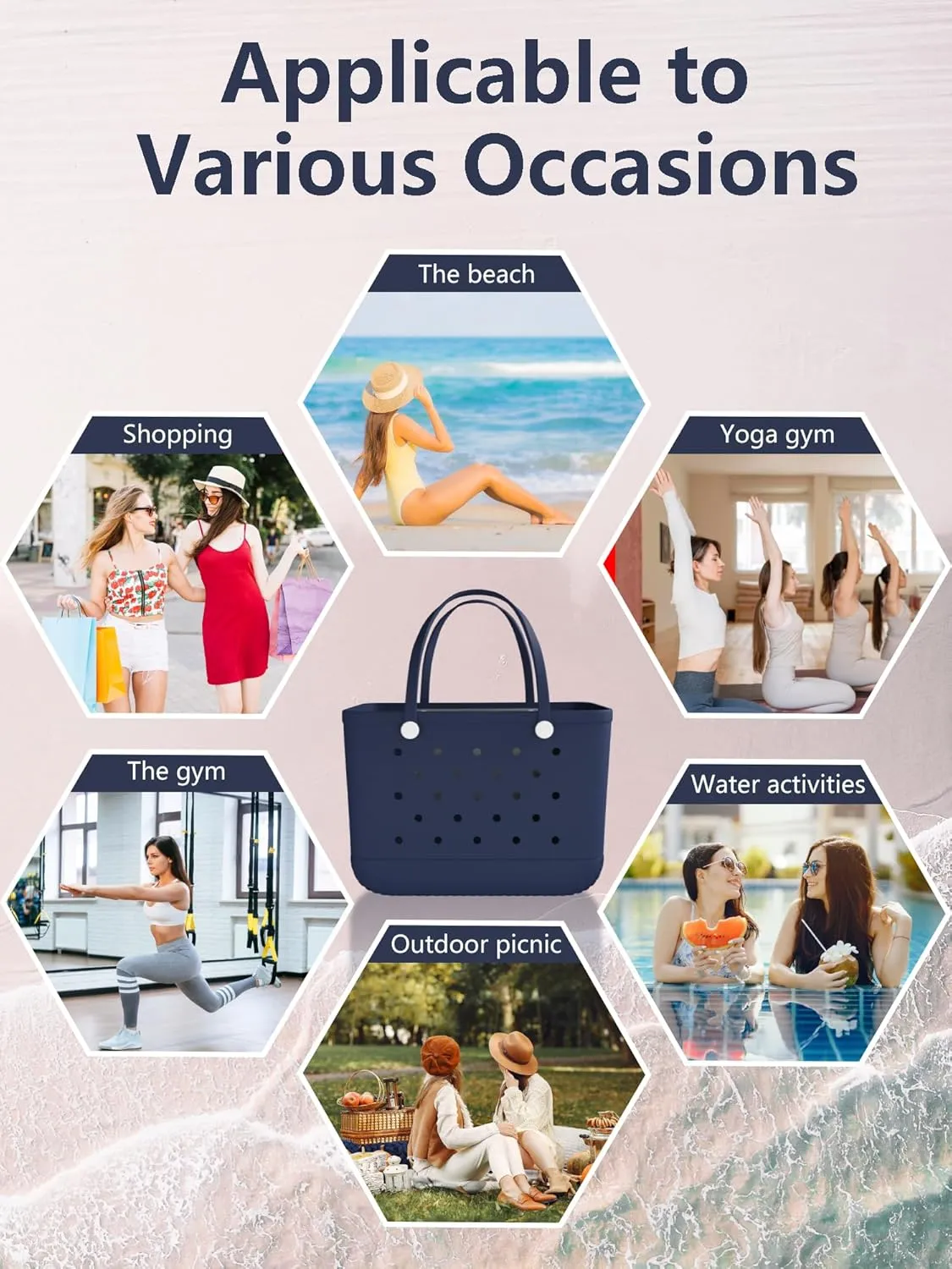 X-Large Rubber Tote Bag Beach Bag, Washable Durable Beach Tote Bag, Travel Tote Washable Handbag Storage Bag for Pool