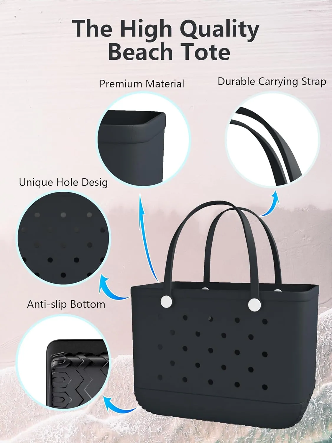 X-Large Rubber Tote Bag Beach Bag, Washable Durable Beach Tote Bag, Travel Tote Washable Handbag Storage Bag for Pool