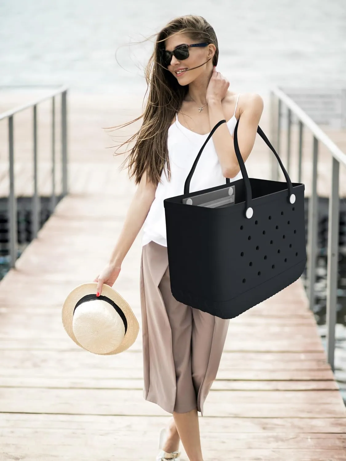 X-Large Rubber Tote Bag Beach Bag, Washable Durable Beach Tote Bag, Travel Tote Washable Handbag Storage Bag for Pool
