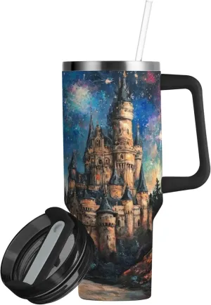 xigua 30 oz Dream Castle Dragon Tumbler with Handle and Straw Lid, Stainless Steel Vacuum Insulated Sports Water Bottle, Keeps Cold or Hot Coffee Cup Travel Mug