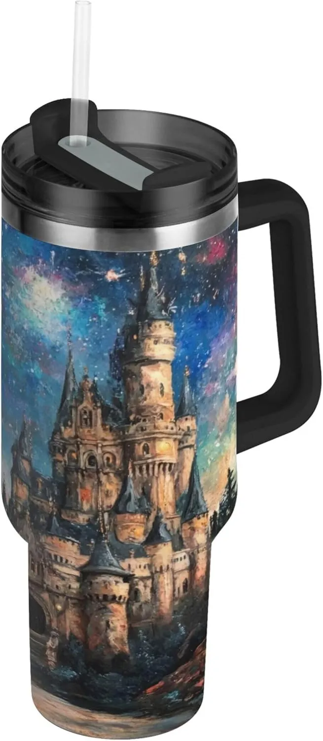xigua 30 oz Dream Castle Dragon Tumbler with Handle and Straw Lid, Stainless Steel Vacuum Insulated Sports Water Bottle, Keeps Cold or Hot Coffee Cup Travel Mug