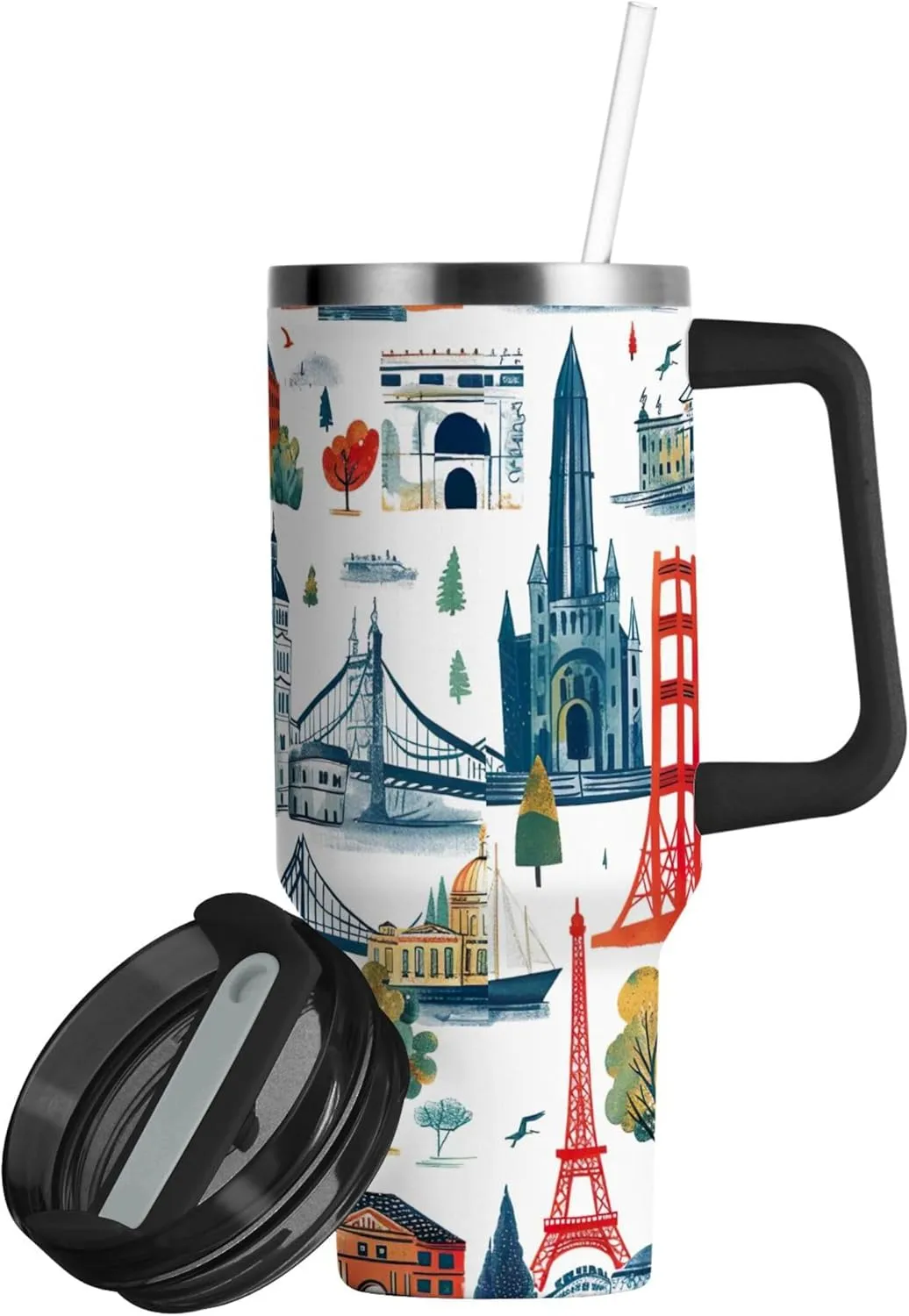 xigua 30 oz The World Landmarks Tumbler with Handle and Straw Lid, Stainless Steel Vacuum Insulated Sports Water Bottle, Keeps Cold or Hot Coffee Cup Travel Mug