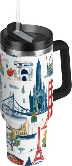 xigua 30 oz The World Landmarks Tumbler with Handle and Straw Lid, Stainless Steel Vacuum Insulated Sports Water Bottle, Keeps Cold or Hot Coffee Cup Travel Mug