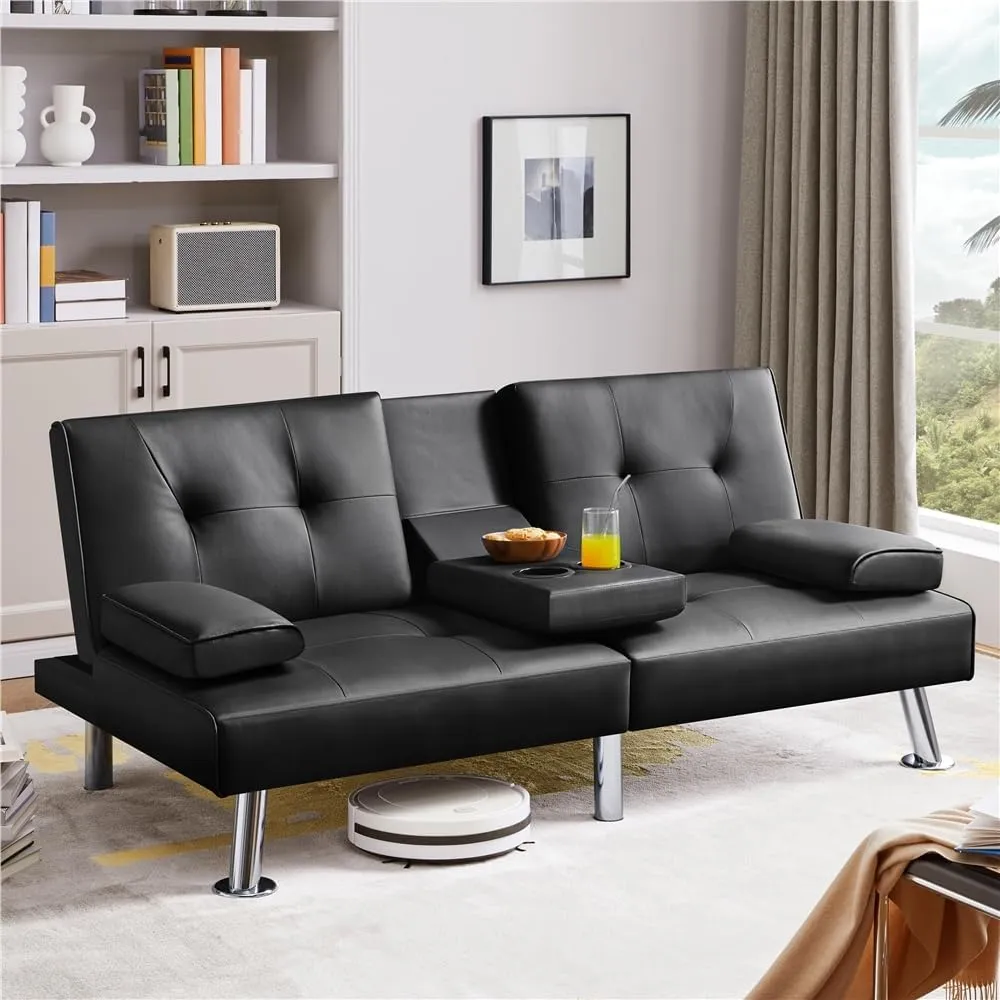 Yaheetech Convertible Sofa Bed Adjustable Couch Sleeper Modern Faux Leather Recliner Reversible Loveseat Folding Daybed Guest Bed, Removable Armrests, Cup Holders, 3 Angles, 772lb Capacity, Black