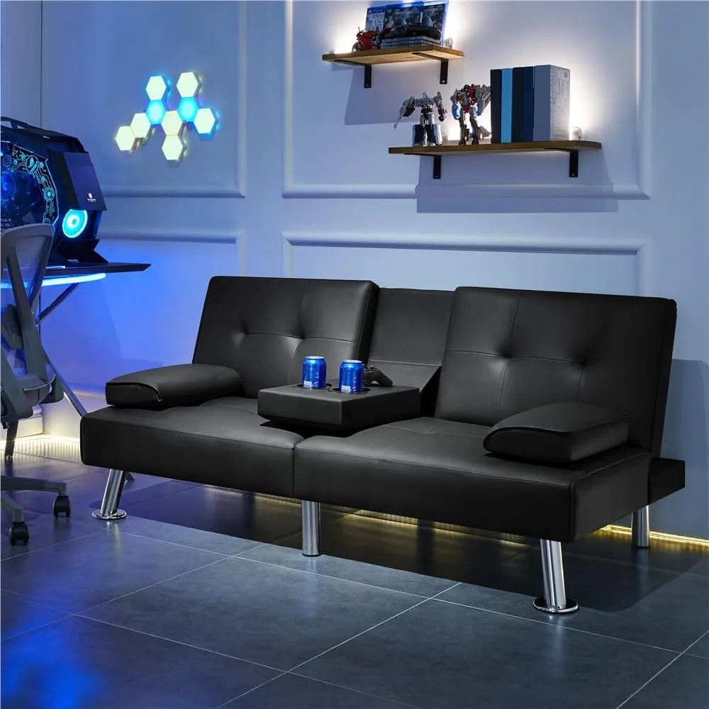 Yaheetech Convertible Sofa Bed Adjustable Couch Sleeper Modern Faux Leather Recliner Reversible Loveseat Folding Daybed Guest Bed, Removable Armrests, Cup Holders, 3 Angles, 772lb Capacity, Black