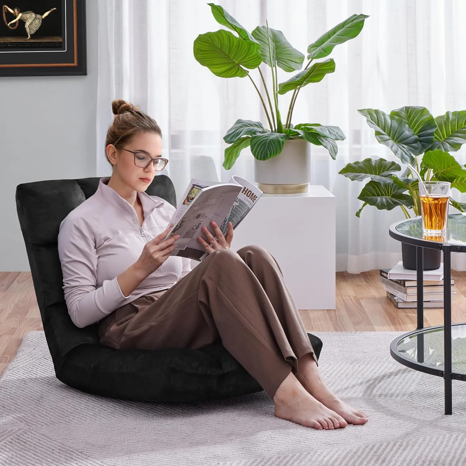 Yaheetech Floor Chair, Meditation Chair with Back Support Gaming Floor Lounger with 14 Adjustable Position for Adult, Black