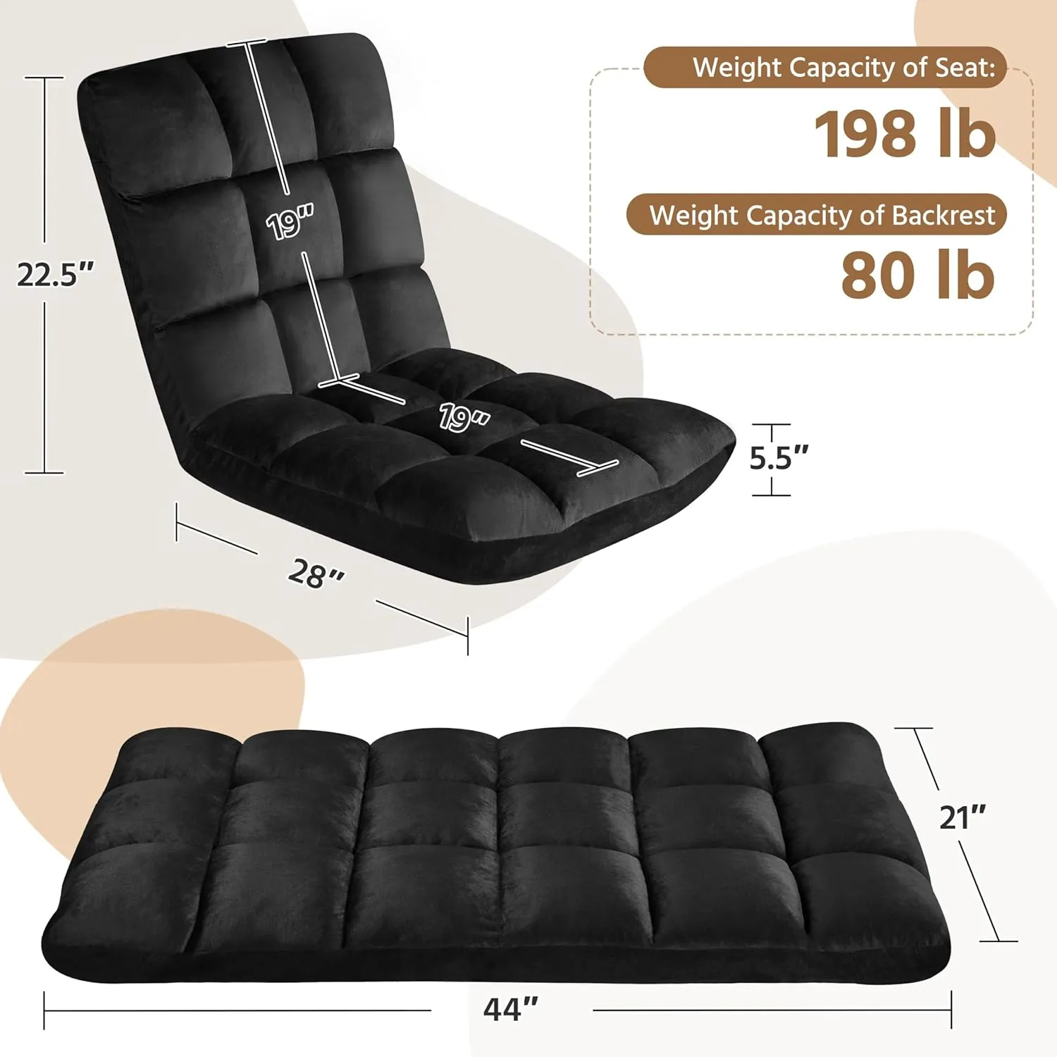 Yaheetech Floor Chair, Meditation Chair with Back Support Gaming Floor Lounger with 14 Adjustable Position for Adult, Black