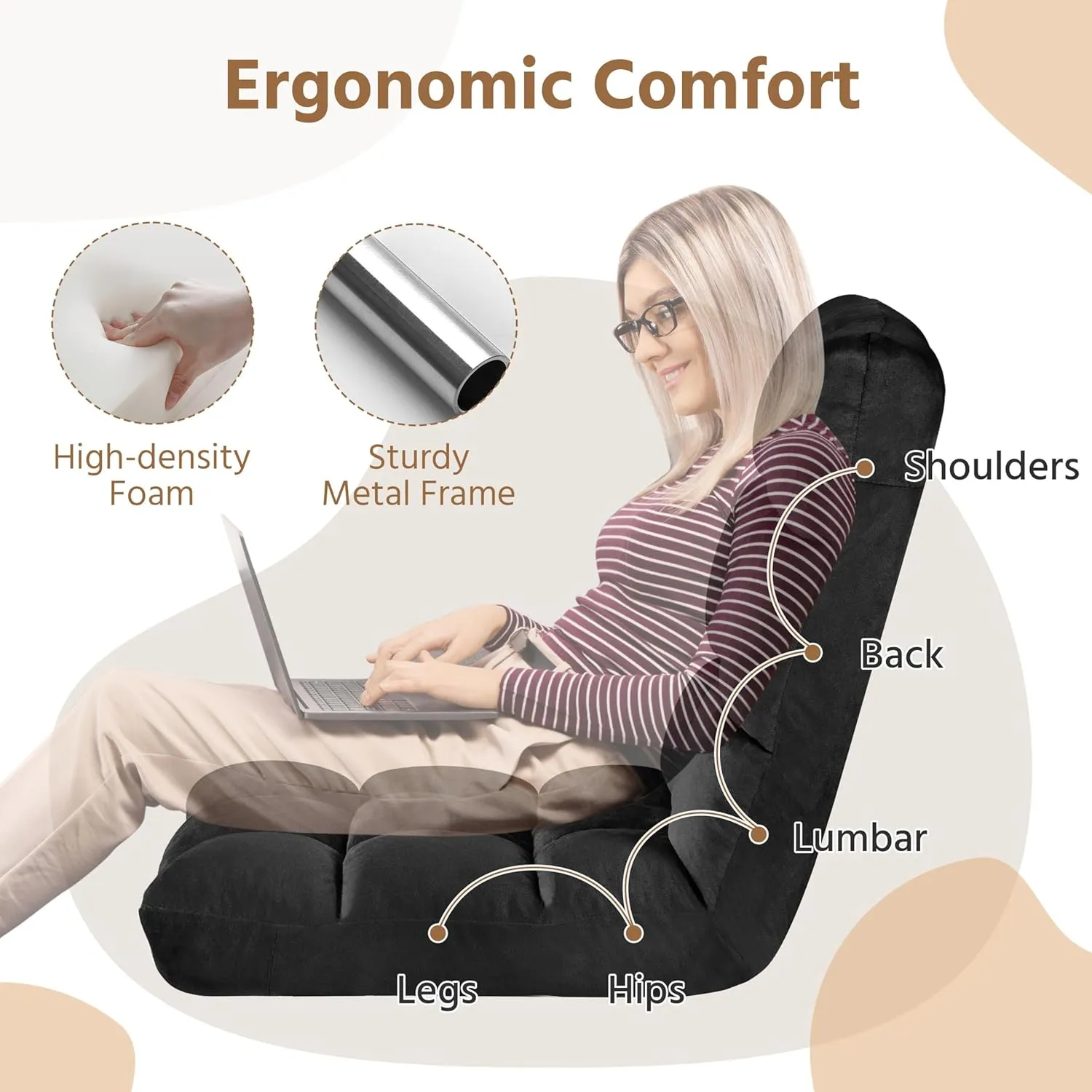 Yaheetech Floor Chair, Meditation Chair with Back Support Gaming Floor Lounger with 14 Adjustable Position for Adult, Black