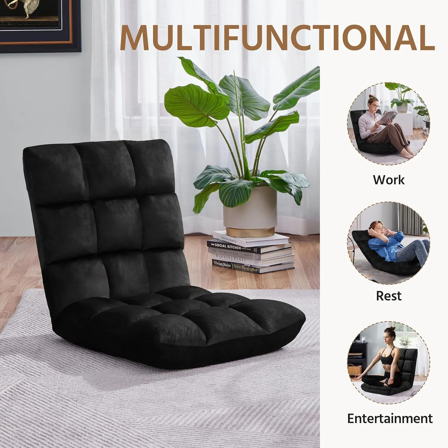 Yaheetech Floor Chair, Meditation Chair with Back Support Gaming Floor Lounger with 14 Adjustable Position for Adult, Black