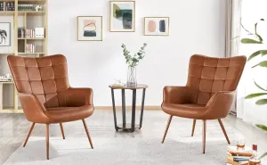 Yaheetech PU Leather Armchair, Modern Accent Chair High Back, Vintage MidCentury Sofa Chairs with Oversized Padded and Strong Structure for Living Room/Bedroom/Office, Brown, 2 pcs