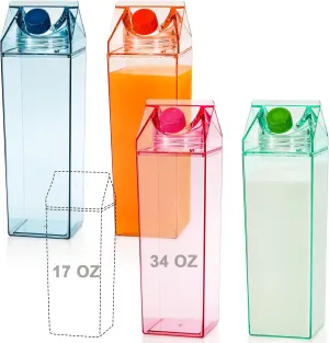 yarlung Set of 4 Milk Carton Water Bottle, 34 Oz Colorful Clear Plastic Milk Bottles Leakproof Square Milk Box Portable for Outdoor Sports Travel Camping, 4 Colors, pink orange green blue