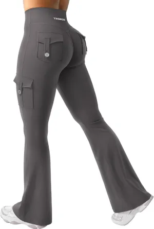 YEOREO CoreFlex Women Workout Flare Leggings with Pockets Hidden Scrunch High Waisted Cargo Gym Yoga No Front Seam Leggings