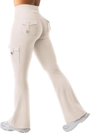 YEOREO CoreFlex Women Workout Flare Leggings with Pockets Hidden Scrunch High Waisted Cargo Gym Yoga No Front Seam Leggings