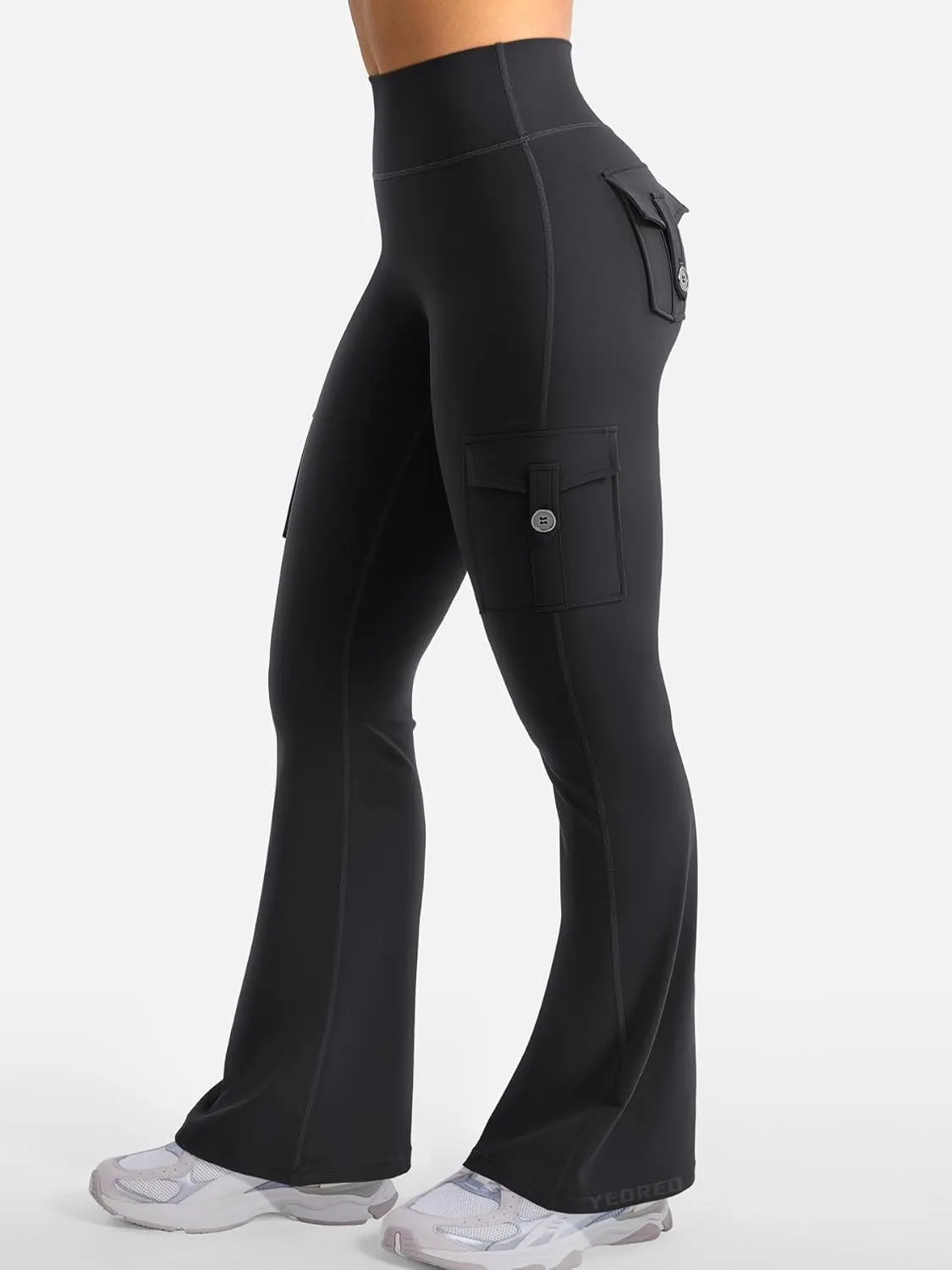 YEOREO Women Workout Flare Leggings with Pockets Hidden Scrunch High Waisted Cargo Gym Yoga No Front Seam Leggings