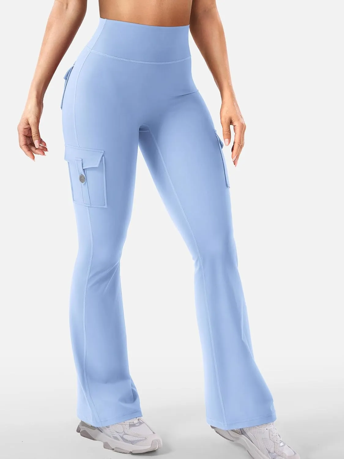 YEOREO Women Workout Flare Leggings with Pockets Hidden Scrunch High Waisted Cargo Gym Yoga No Front Seam Leggings