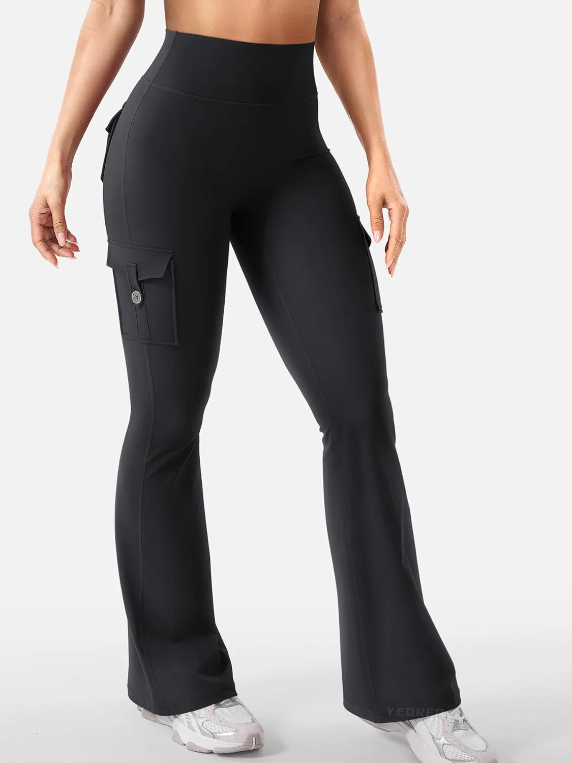 YEOREO Women Workout Flare Leggings with Pockets Hidden Scrunch High Waisted Cargo Gym Yoga No Front Seam Leggings