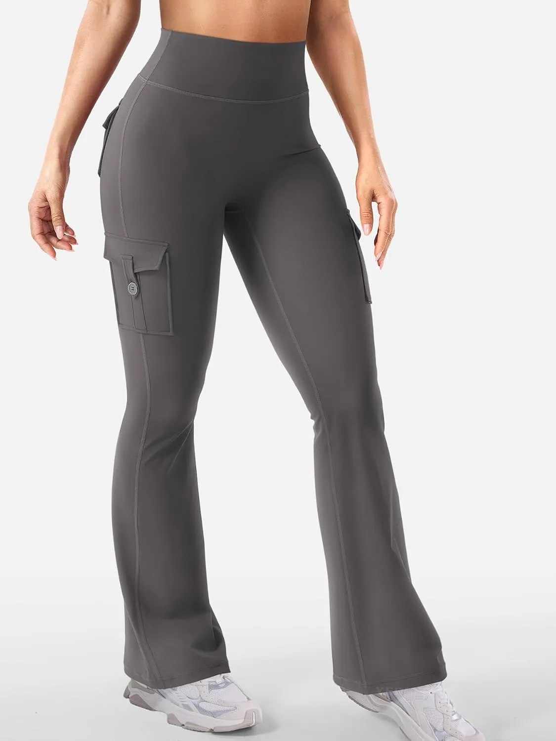 YEOREO Women Workout Flare Leggings with Pockets Hidden Scrunch High Waisted Cargo Gym Yoga No Front Seam Leggings