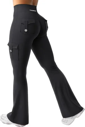 YEOREO Women Workout Flare Leggings with Pockets Hidden Scrunch High Waisted Cargo Gym Yoga No Front Seam Leggings