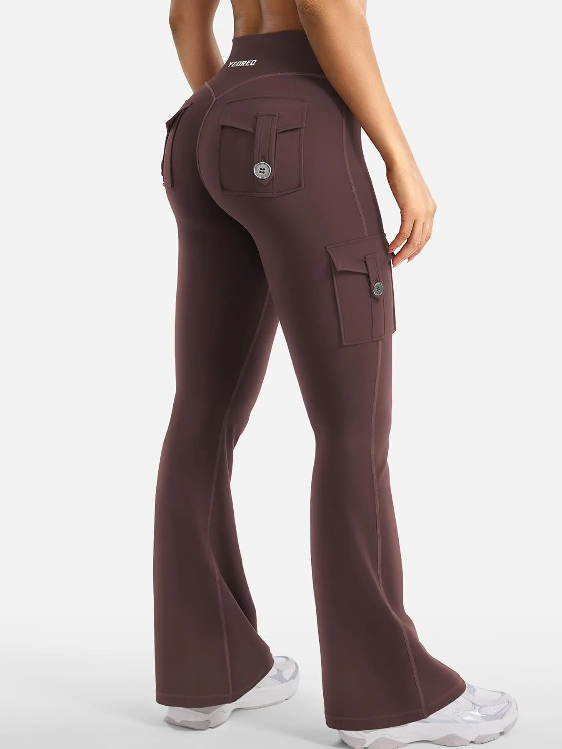 YEOREO Women Workout Flare Leggings with Pockets Hidden Scrunch High Waisted Cargo Gym Yoga No Front Seam Leggings