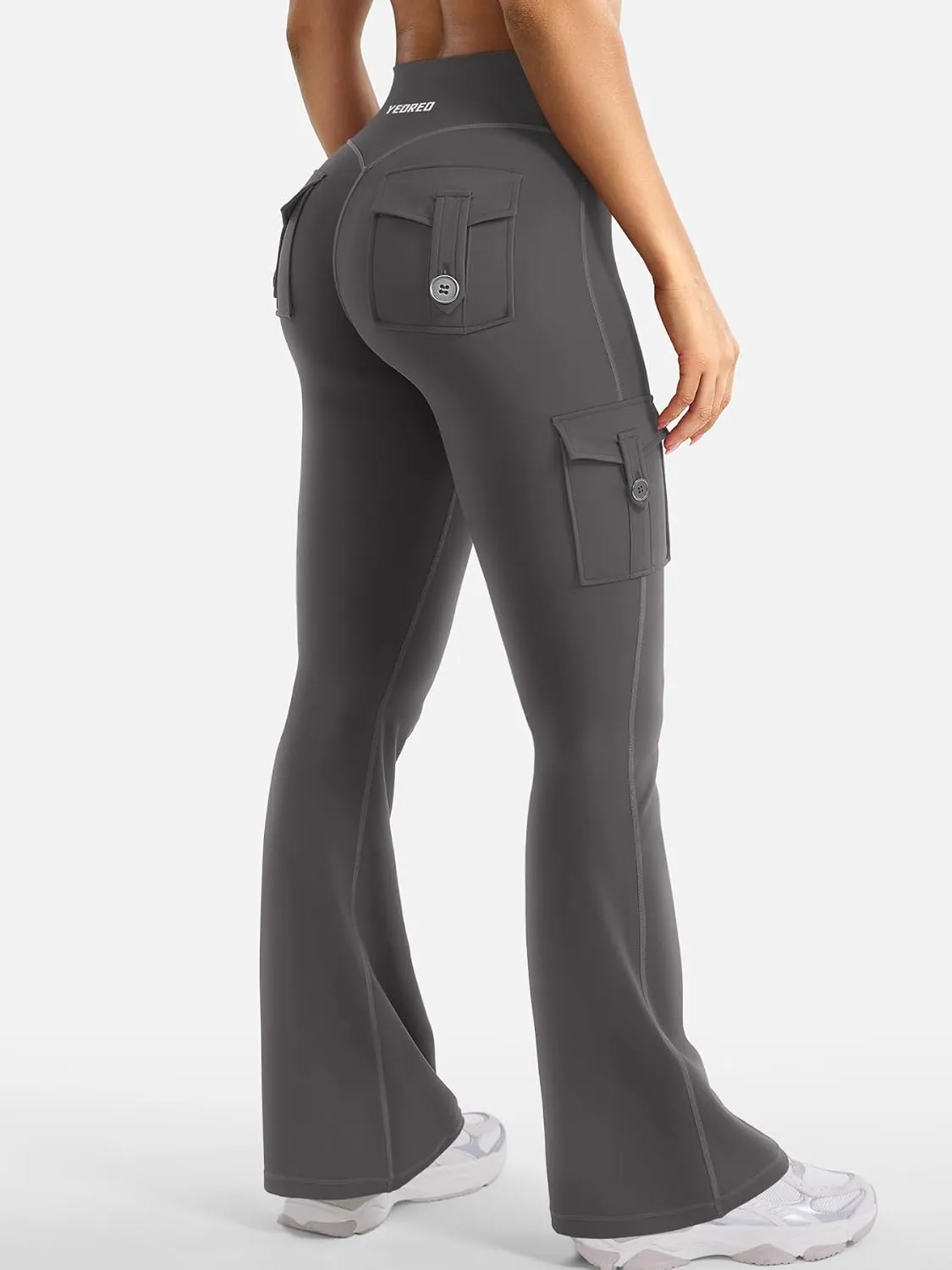 YEOREO Women Workout Flare Leggings with Pockets Hidden Scrunch High Waisted Cargo Gym Yoga No Front Seam Leggings