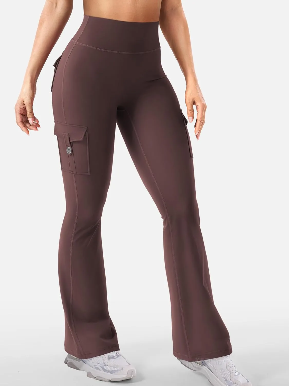 YEOREO Women Workout Flare Leggings with Pockets Hidden Scrunch High Waisted Cargo Gym Yoga No Front Seam Leggings