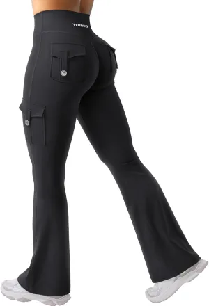YEOREO Women Workout Flare Leggings with Pockets Hidden Scrunch High Waisted Cargo Gym Yoga No Front Seam Leggings