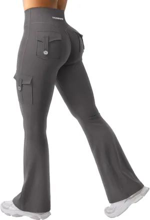 YEOREO Women Workout Flare Leggings with Pockets Hidden Scrunch High Waisted Cargo Gym Yoga No Front Seam Leggings